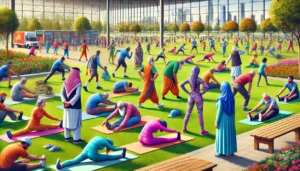 DALL·E 2025-04-17 08.42.57 – A vibrant and culturally diverse scene depicting physical fitness in a community setting. On one side of a green open field, women in colorful ethnic